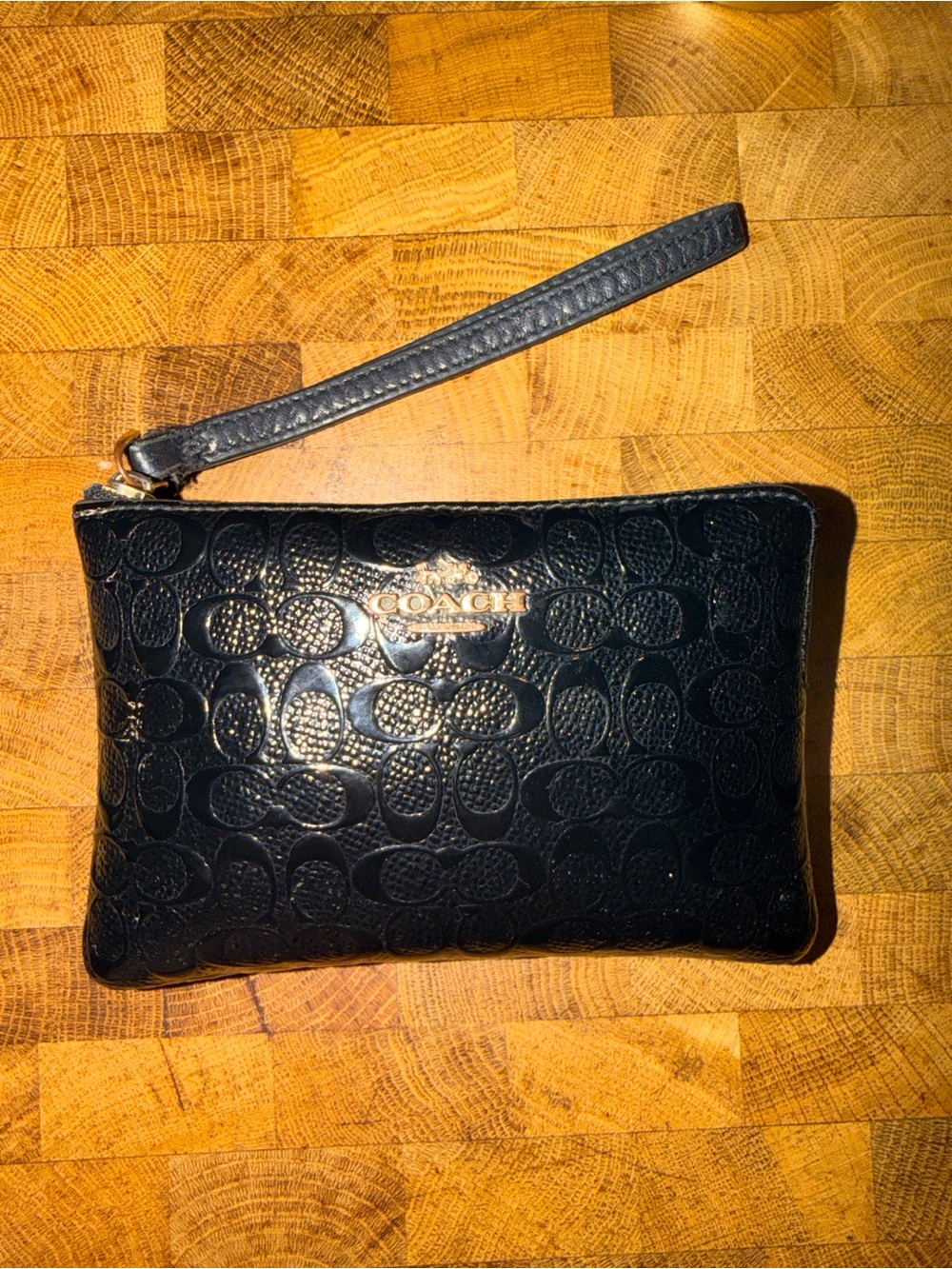COACH Black Embossed Signature Leather Wristlet Clutch
